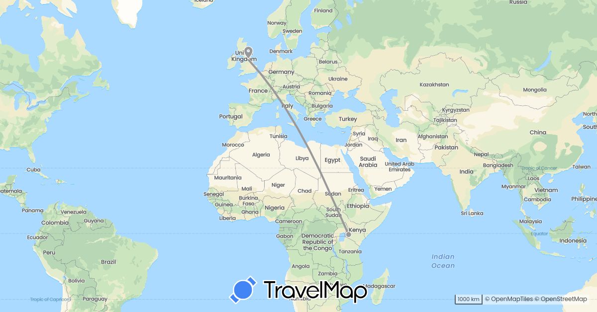 TravelMap itinerary: driving, plane in United Kingdom, Kenya (Africa, Europe)